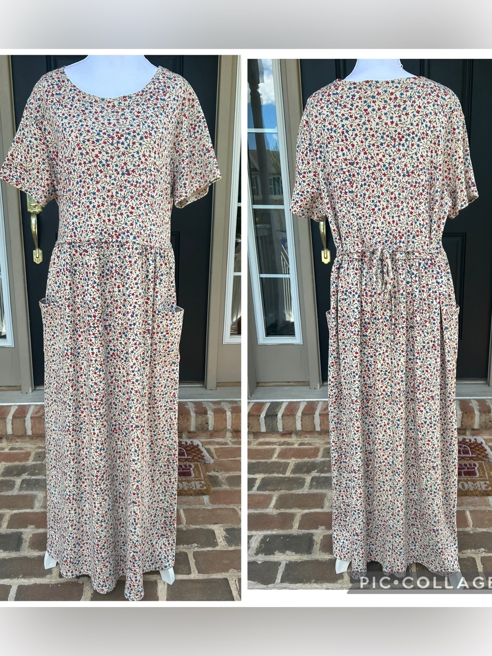 Vintage 90s tan cotton knit short sleeve maxi dress ditsy floral cottagecore XL